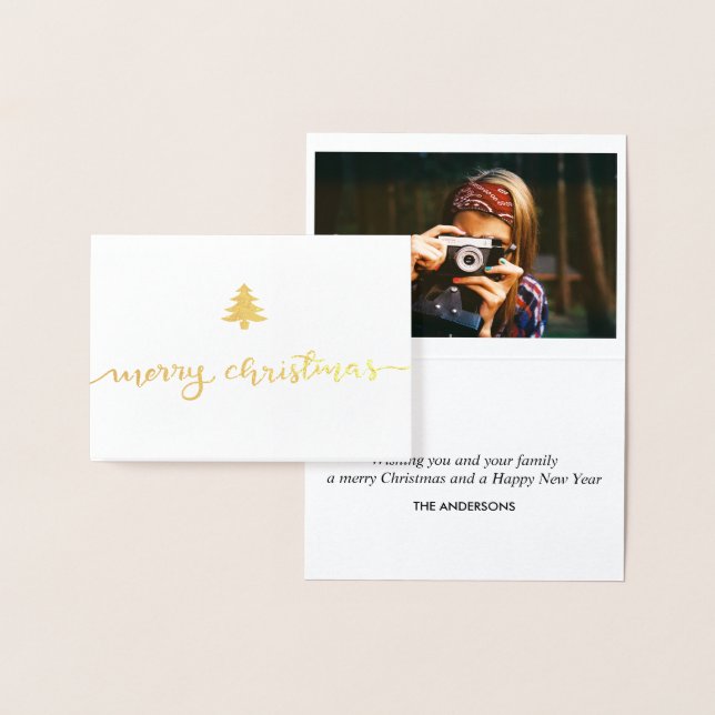 Modern Merry Christmas Hand-lettered Script Photo Foil Card (Display)