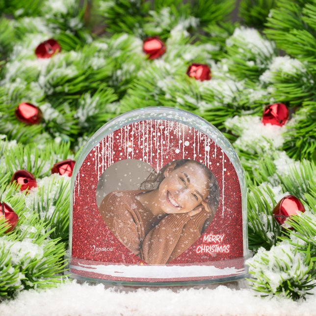 Modern Merry Christmas Heart Photo Name  Snowglobe (Christmas)