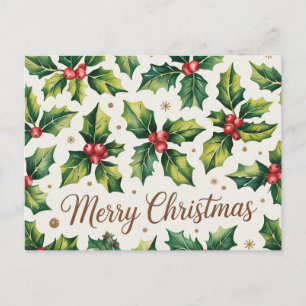 Modern Merry Christmas Holly and Berries           Postcard