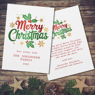 Modern Merry Christmas Holly Berry Snowflakes Holiday Card