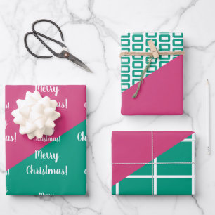 Modern Merry Christmas Hot Pink Emerald Green Patt Wrapping Paper Sheet