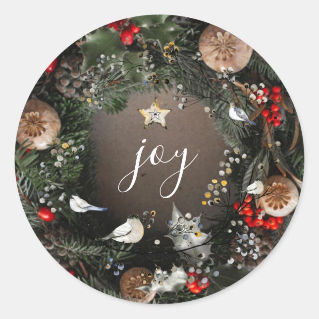 Modern Merry Christmas Joyful Wreath Holiday Classic Round Sticker (Front)
