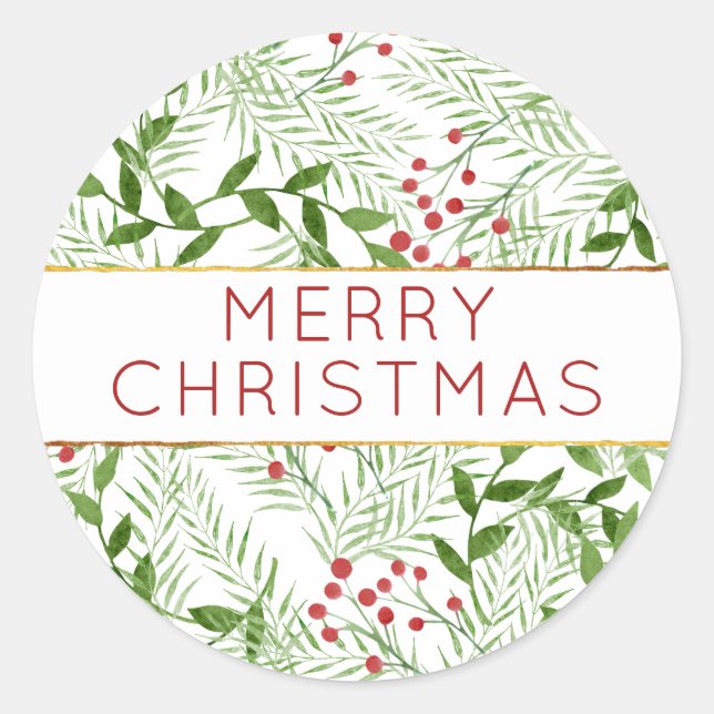 Modern MERRY CHRISTMAS Leaves Berries Holiday Classic Round Sticker (Front)