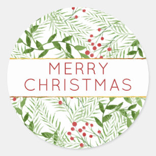 Modern MERRY CHRISTMAS Leaves Berries Holiday Classic Round Sticker