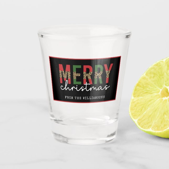 Modern Merry Christmas Leopard Print Minimalist Shot Glass (Front)