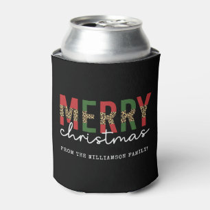 Modern Merry Christmas Leopard Print Typography Can Cooler