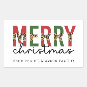 Modern Merry Christmas Leopard Print Typography Rectangular Sticker