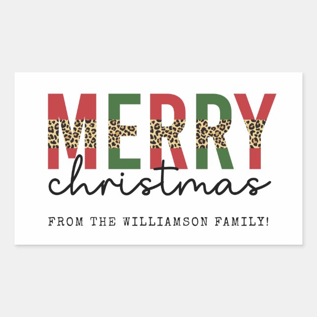 Modern Merry Christmas Leopard Print Typography Rectangular Sticker (Front)