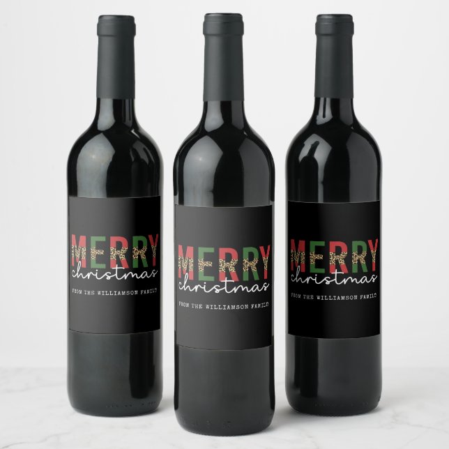 Modern Merry Christmas Leopard Print Typography Wine Label (Bottles)