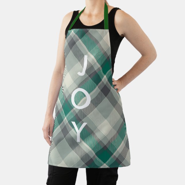 Modern Merry Christmas Lettering Green Plaid Apron (Insitu)