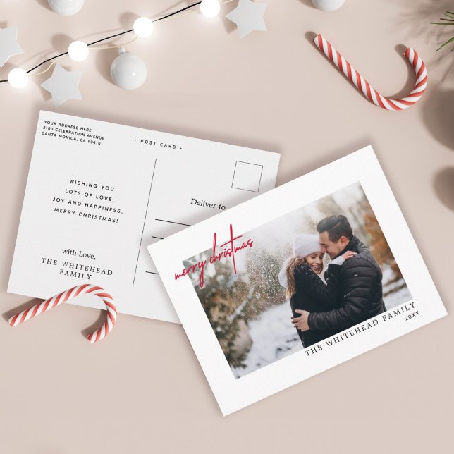 Modern Merry Christmas Lettering Photo Postcard (Creator Uploaded)