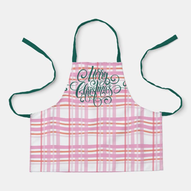Modern Merry Christmas Lettering Pink White Plaid Apron (Front)