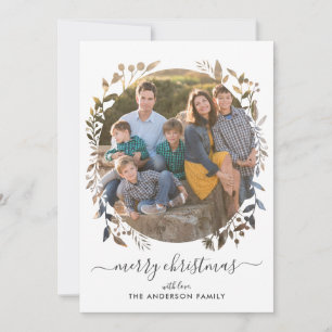 Modern Merry Christmas Love Script Wreath 2 Photo Holiday Card