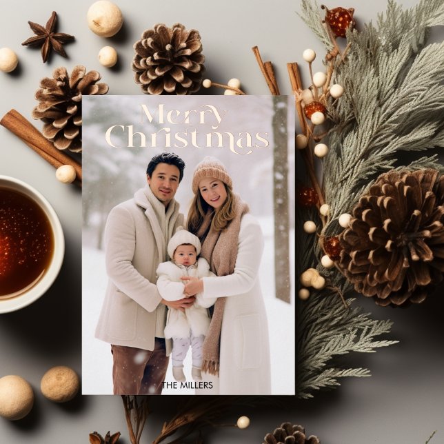 Modern Merry Christmas Minimal 1 Photo Beige  Foil Holiday Postcard (Modern Merry Christmas Minimal 1 Photo Beige Foil Holiday Postcard)