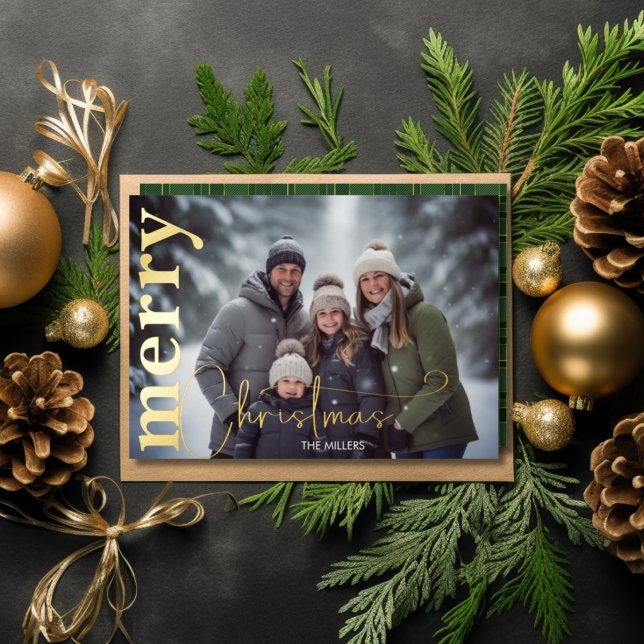 Modern Merry Christmas Minimal 1 Photo Green Gold Foil Holiday Postcard (Modern Merry Christmas Minimal 1 Photo Green Gold Foil Holiday Postcard)