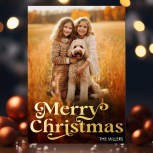 Modern Merry Christmas Minimalist 1 Photo Elegant Foil Holiday Postcard