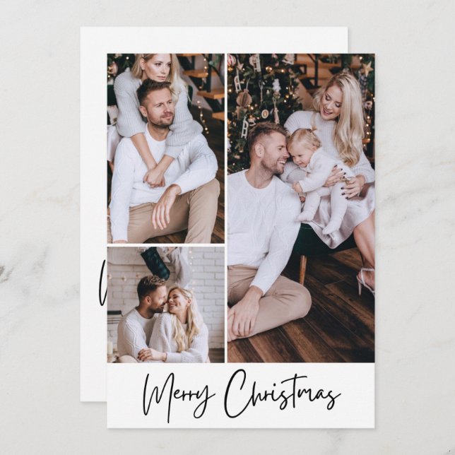 Modern Merry Christmas Minimalist 3 Photo Collage  Holiday Card (Front/Back)