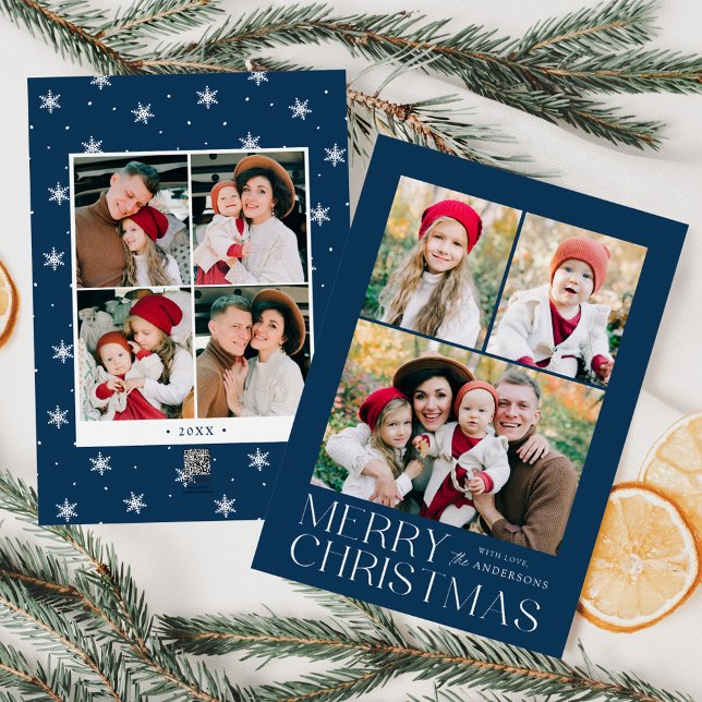 Modern Merry Christmas Navy 7 Photo Collage Holiday Card (Creator Uploaded)