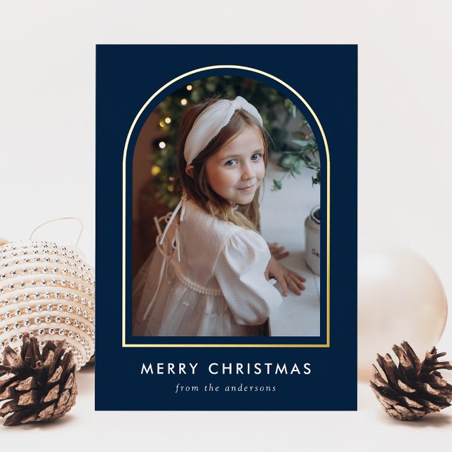 Modern Merry Christmas Navy Arch Photo Foil Holiday Card (Creator Uploaded)