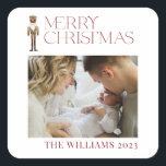 Modern Merry Christmas Nutcracker Watercolor Photo Square Sticker<br><div class="desc">'Tis the season to bring smiles and cheer! Our Modern Merry Christmas Nutcracker Watercolor Photo Square Sticker is the perfect way to get your family in the holiday spirit. This festive sticker features a unique watercolor nutcracker with bright red 'Merry Christmas' typography, creating a beautiful warm personalised touch for your...</div>
