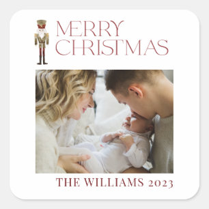 Modern Merry Christmas Nutcracker Watercolor Photo Square Sticker