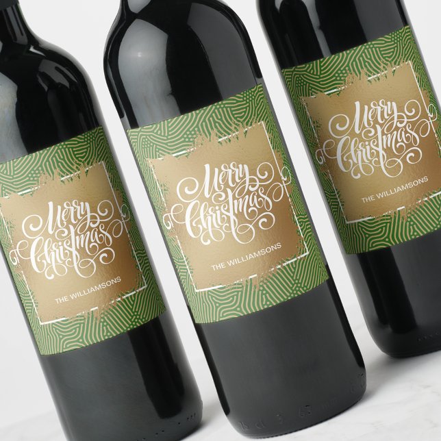 Modern Merry Christmas on Gold Green Wine Label (Creator Uploaded)