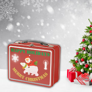 Modern Merry Christmas on Red Metal Lunch Box