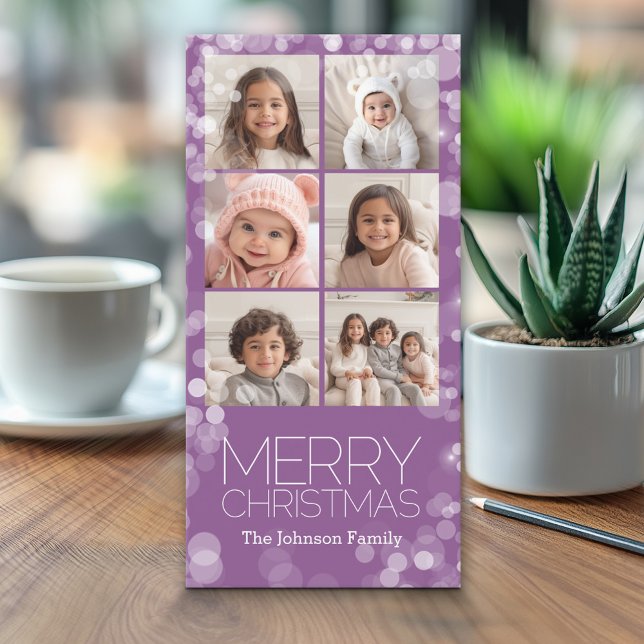 Modern Merry Christmas Orchid Bokeh Personalised Holiday Card (Classic Christmas Photo Card)