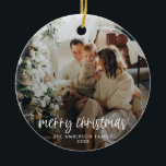 Modern Merry Christmas Ornament<br><div class="desc">A modern holiday photo ornament with a script "merry Christmas" in white. The name and year can be easily customised for a personal touch. A trendy,  minimalist and contemporary design to stand out this holiday season!</div>
