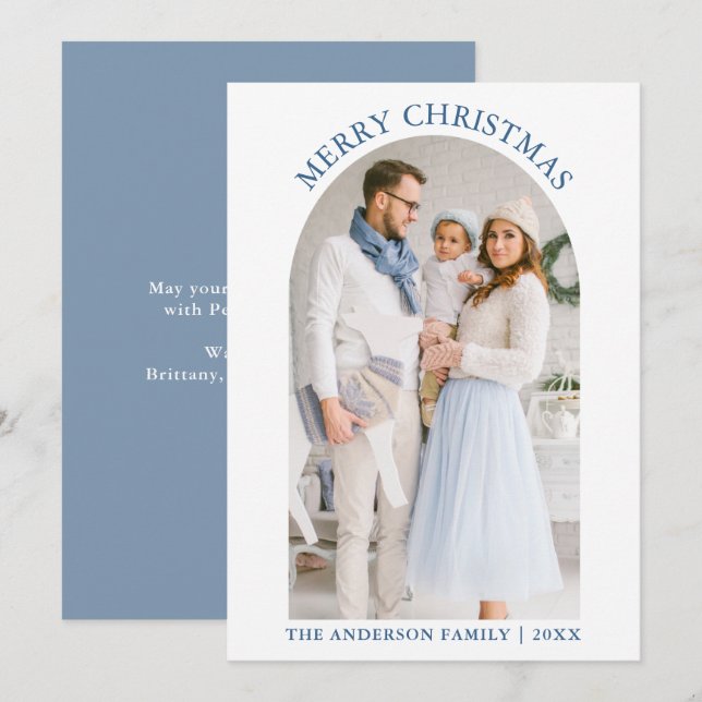Modern Merry Christmas Photo Arch Dusty Blue Holiday Card (Front/Back)