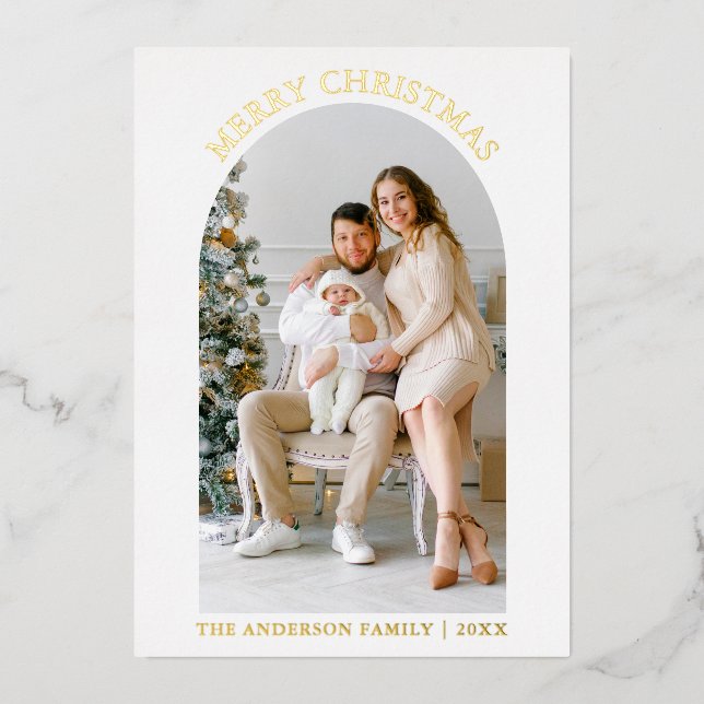 Modern Merry Christmas Photo Arch Gold Foil Holiday Card (Front)