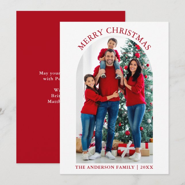 Modern Merry Christmas Photo Arch Red Holiday Card (Front/Back)