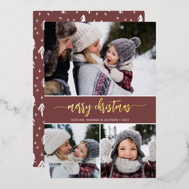 Modern Merry Christmas Photo Collage Foil Holiday Card (Front/Back)
