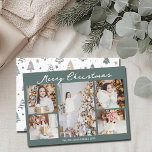 Modern Merry Christmas Photo Collage Grey Green Holiday Card<br><div class="desc">Modern grey green Merry Christmas cards with chic handwritten scrawl above your family photo collage of your 5 favourite 2025 pictures. The beautiful back features a pattern of hand drawn pine and fire trees. Chic and contemporary Christmas cards featuring one vertical photograph in the centre and 4 square pictures on...</div>