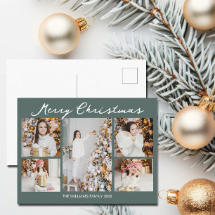 Modern Merry Christmas Photo Collage Grey Green Holiday Postcard