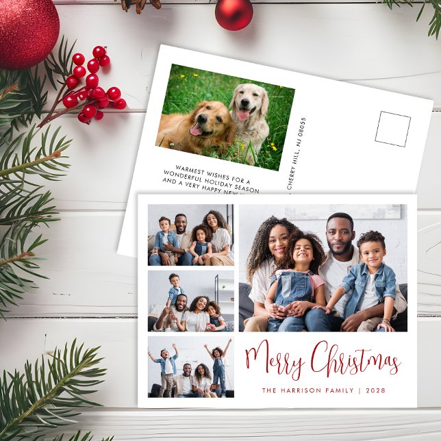 Modern Merry Christmas Photo Collage Holiday Postcard (Creator Uploaded)