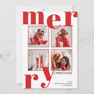 Modern Merry Christmas Photo Collage Red Holiday Card