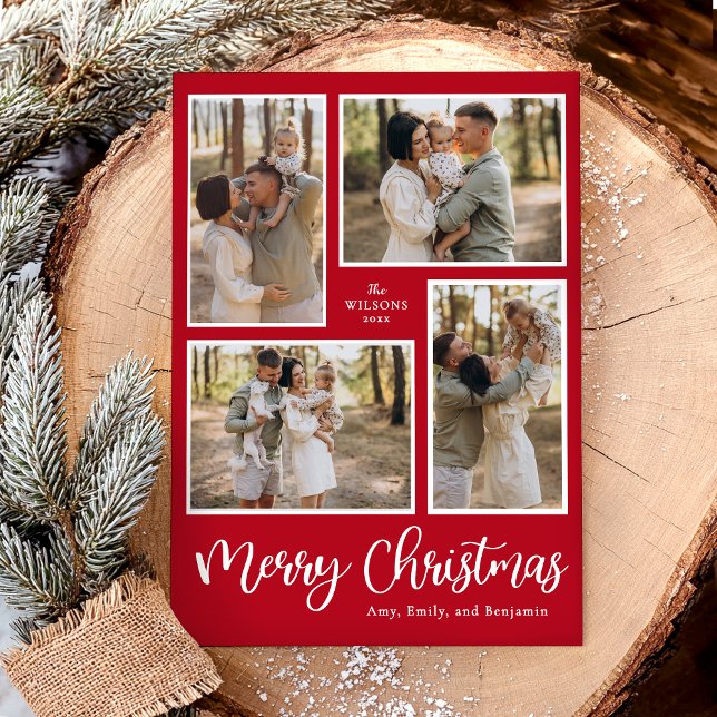 Modern Merry Christmas Photo Collage Red Holiday Card (Creator Uploaded)