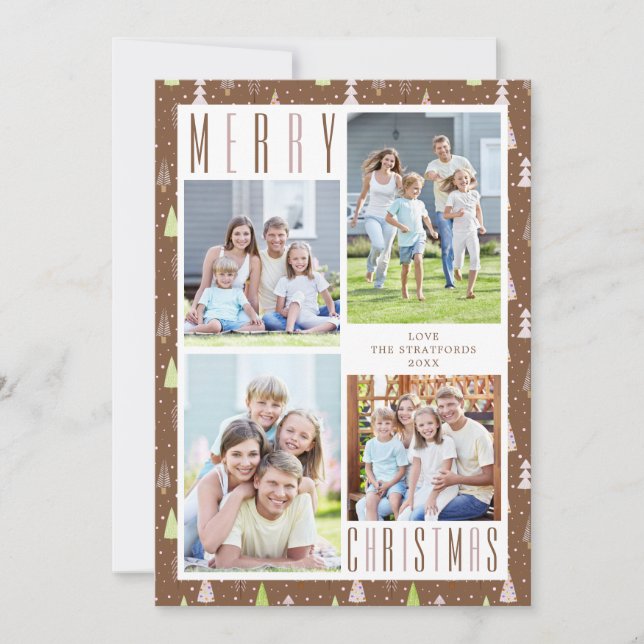 Modern MERRY CHRISTMAS Photo Collage Trees Brown Holiday Card (Front)