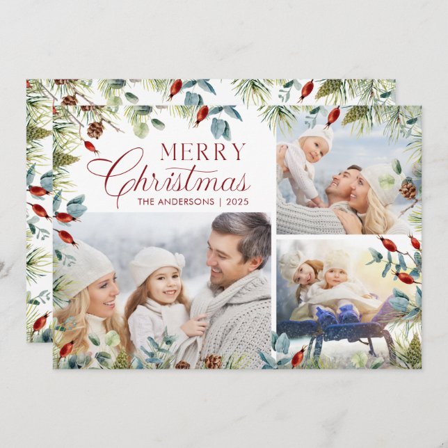 Modern Merry Christmas Photo Collage Winter Greens Holiday Card (Front/Back)