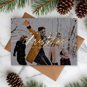 Modern Merry Christmas Photo Dark Overlay Foil Holiday Card