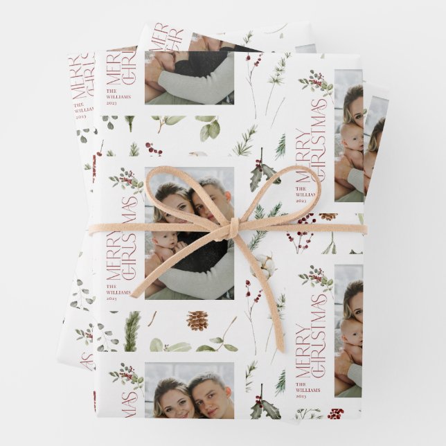Modern Merry Christmas Photo Greenery Holiday Wrapping Paper Sheet (In situ)