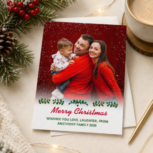 Modern Merry Christmas Photo Overlay Snow Foliage Holiday Card