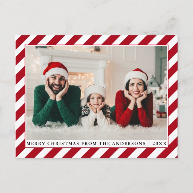 Modern Merry Christmas Photo Red Stripes Postcard (Front)