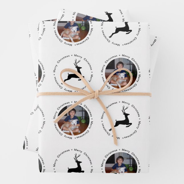 Modern Merry Christmas Photo Reindeer Pattern Wrapping Paper Sheet (In situ)