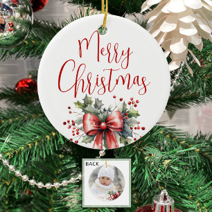 Modern Merry Christmas Photo Script Holly Bow Ceramic Tree Decoration