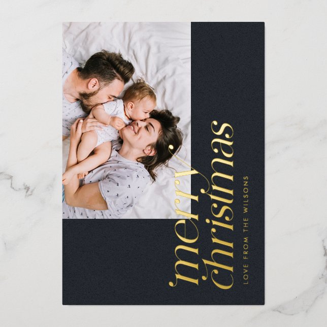 Modern Merry Christmas Photo Stylish Traditional Foil Holiday Card (Front)