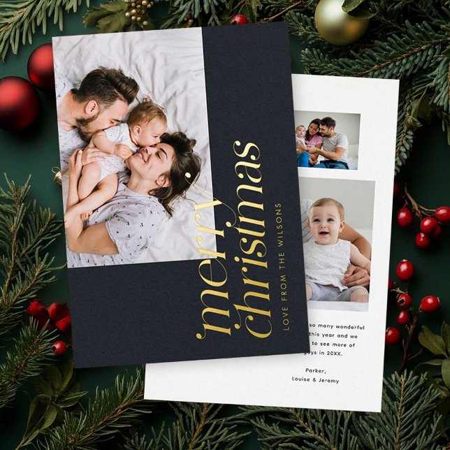 Modern Merry Christmas Photo Stylish Traditional Foil Holiday Card (Creator Uploaded)