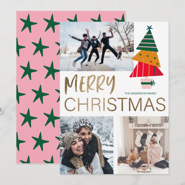 Modern Merry Christmas Photo & Tree  Card (Front/Back)