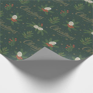 Modern Merry Christmas Pinecones and Red Berries Wrapping Paper